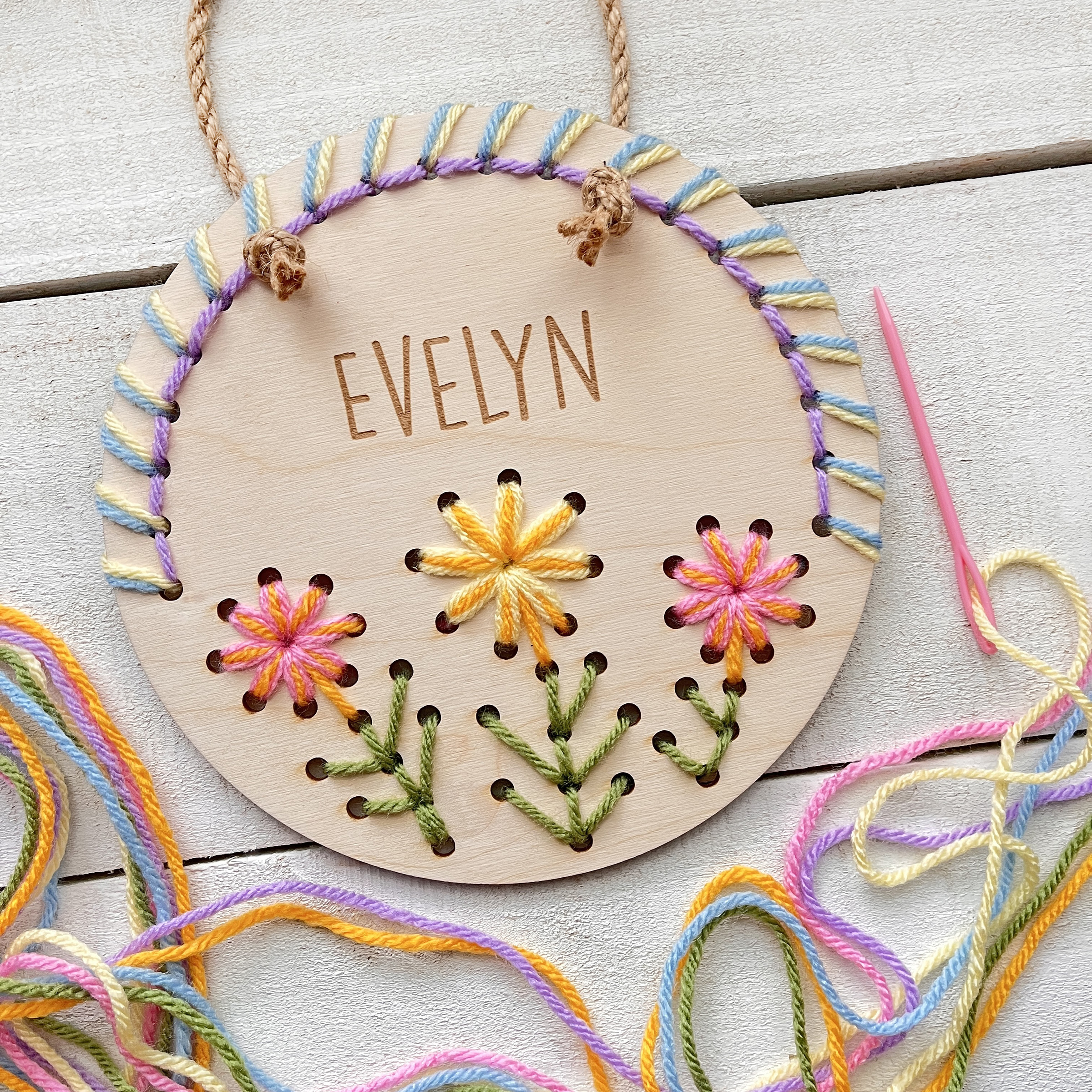Circle Yarn Name Sign Pastel 2 Flower Door Hanger - Sewing Craft Kit - Image 1